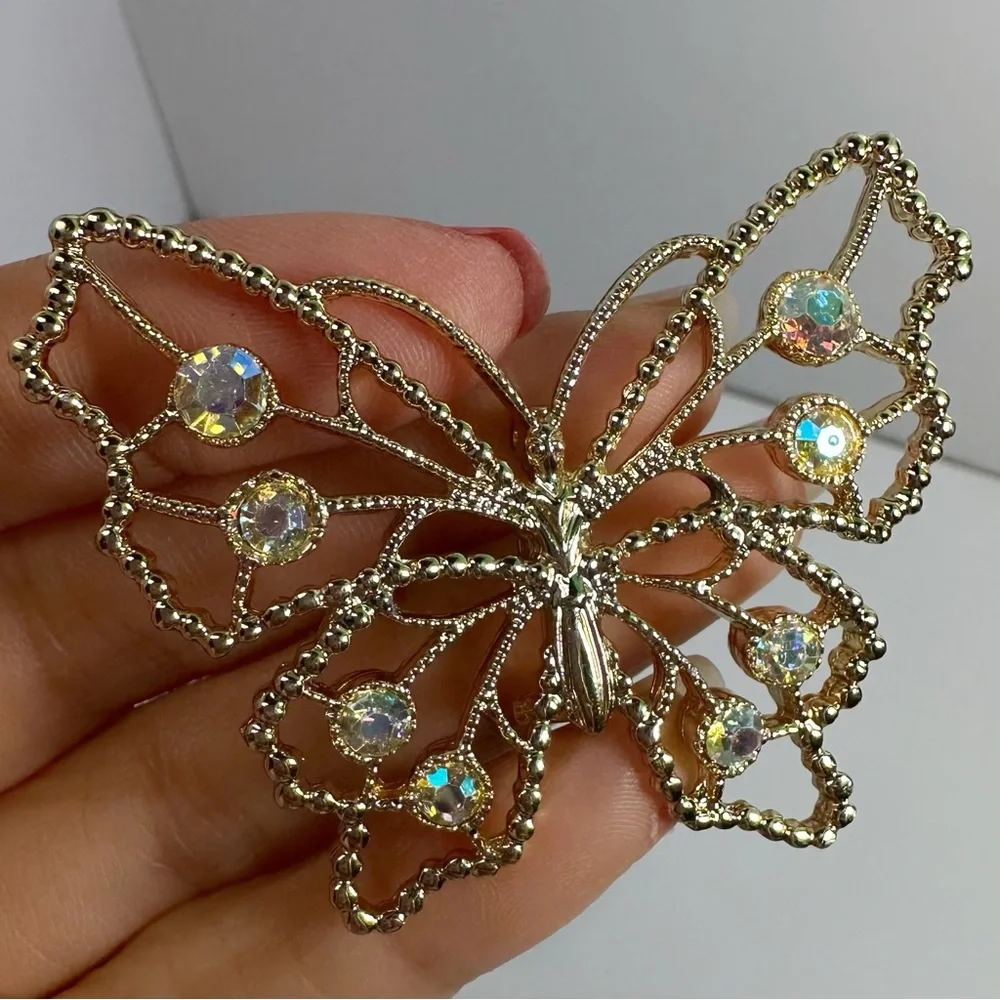 Gold Tone Rhinestone Bow, Butterfly & Reindeer Brooch Pins Lot of 3